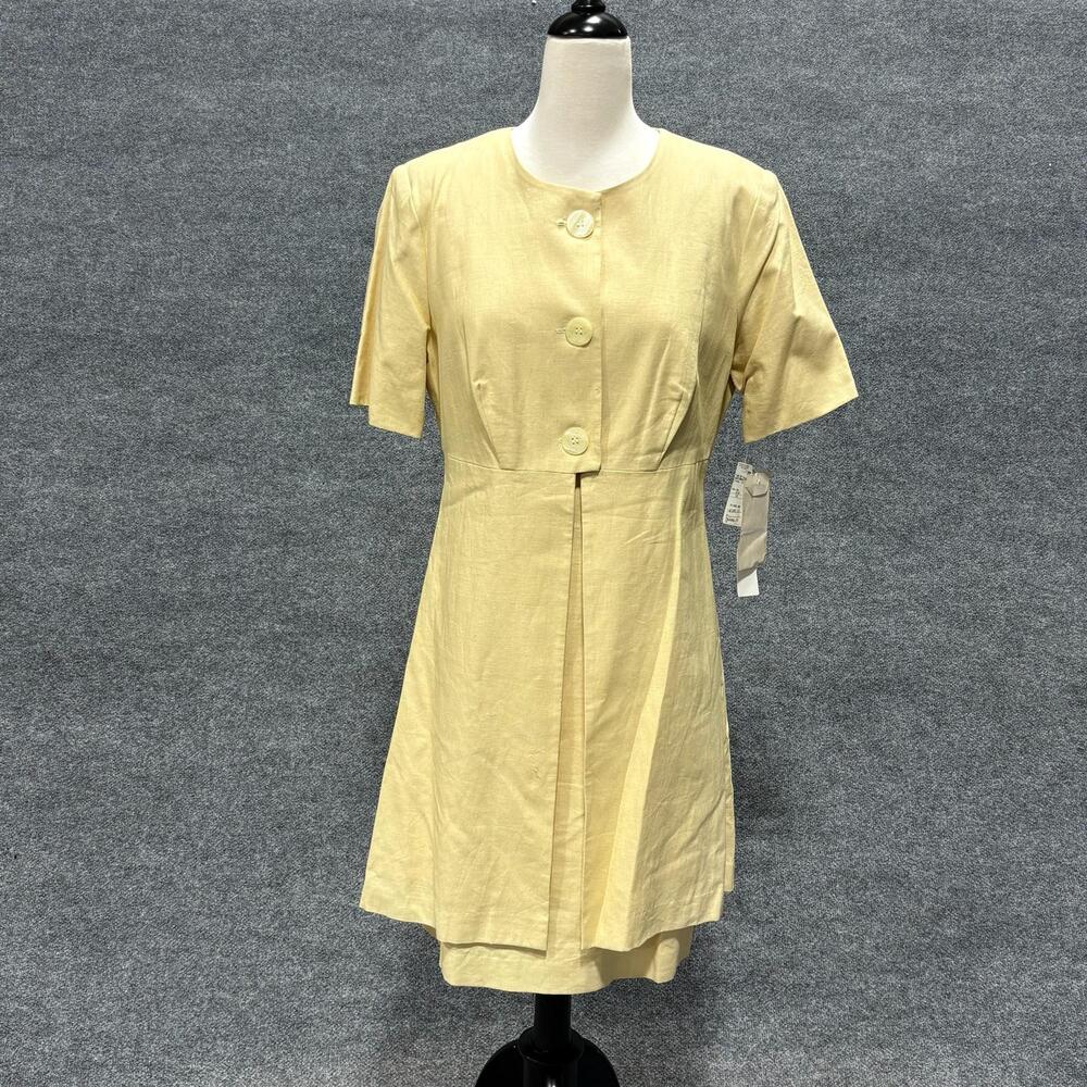 Geary Roark Dress Womens 12 Yellow Linen Blend Jacket Dress Set Short Sleeve